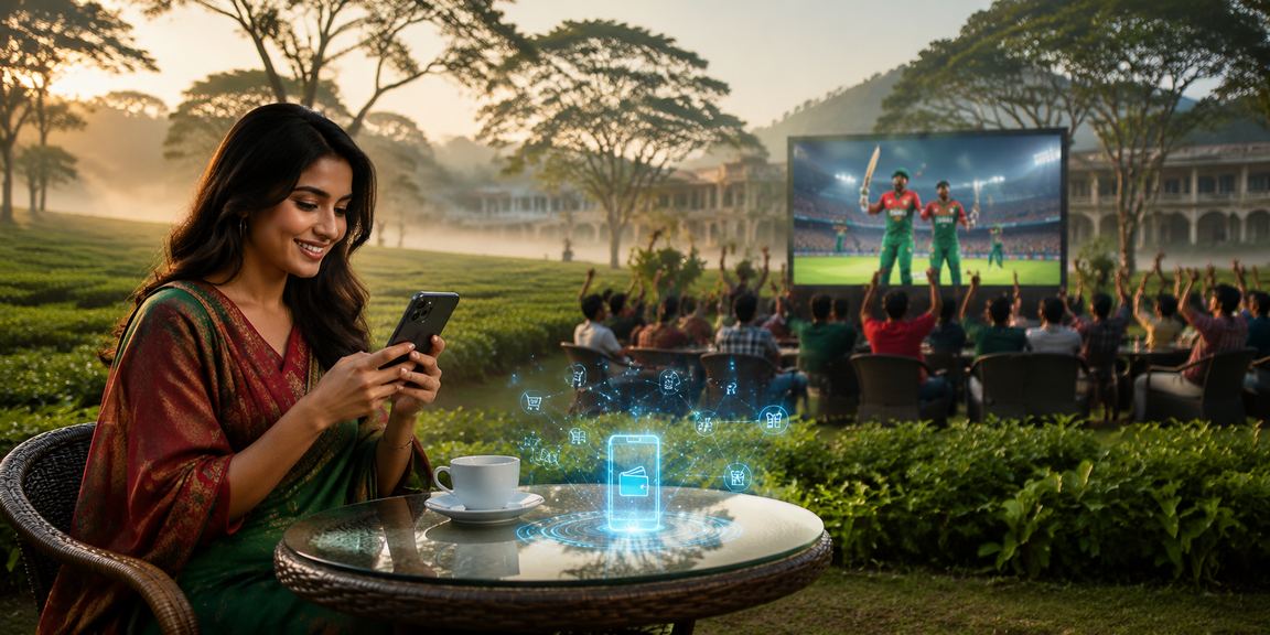 চা বাগানের পরিবেশে বসে ক্রিকেট বেটিং অ্যাপ ব্যবহার করছেন একজন ব্যবহারকারী